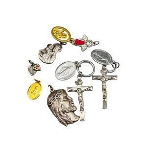Assorted Vintage Religious Medals Crosses & Charms Lot 10 Pcs Christianity